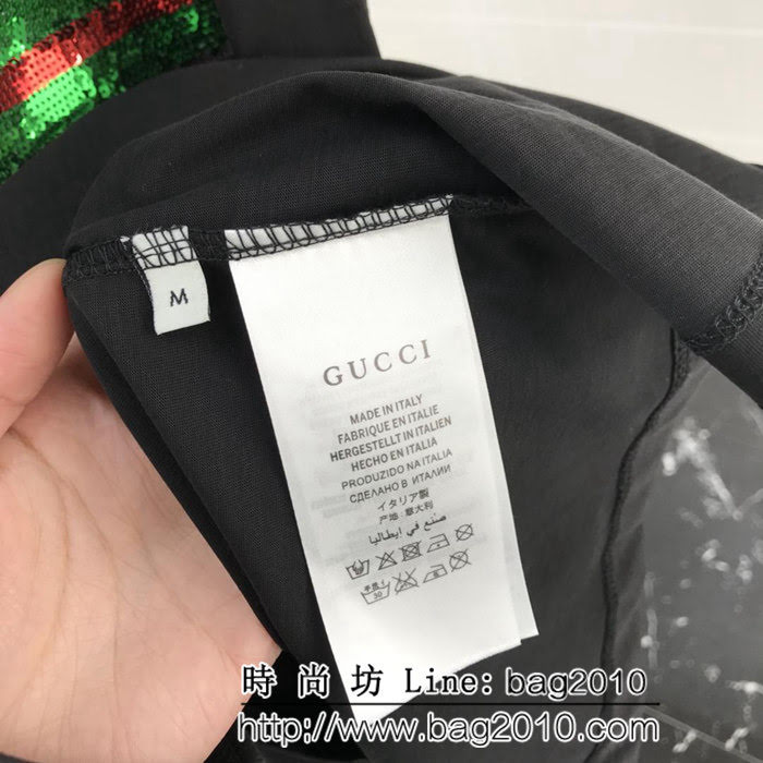 GUCCI古馳 19ss早春新款 燙金亮片LOGO頭短袖 雙股絲光棉面料 定制原版珠片 高版本情侶款 ydi2530